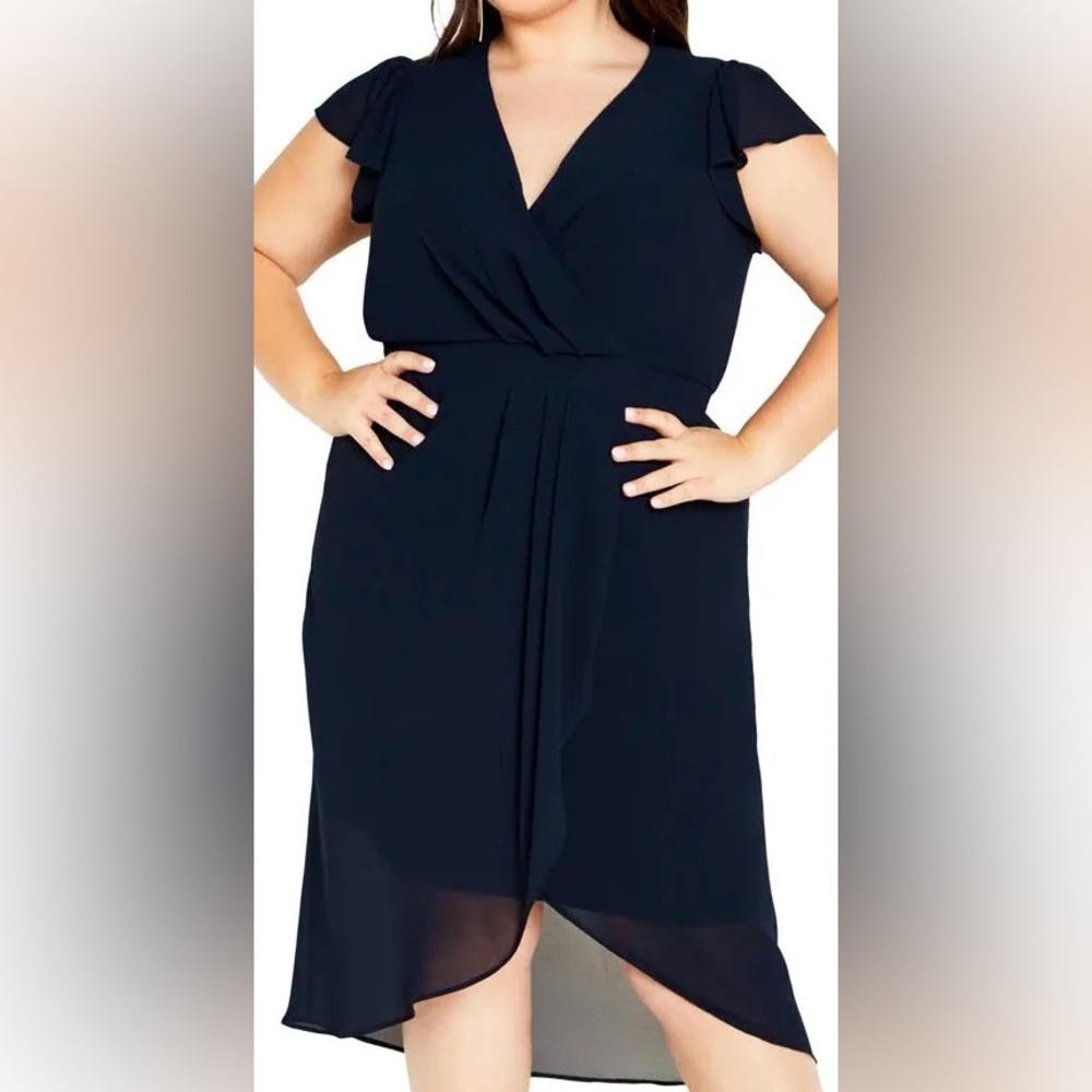 City Chic Wrap Swing Black Dress Size S/16 Flutter Sleeve Hi-Low Elegant‎ LBD
